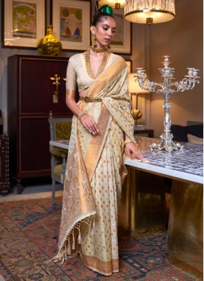 Beautiful Off White Zari Woven Silk Saree