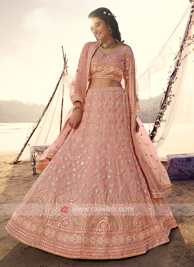 Photo of Pastel Peach Lehenga with Gold Work and Emerald Jewelry | Indian  bridal lehenga, Indian bridal wear, Bridal dupatta