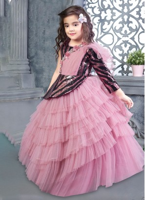 Beautiful Pink Layered Gown With Sequins Embroidered Work