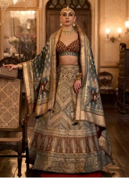 Beautiful Beige & Brown Silk Wedding Lehenga Choli