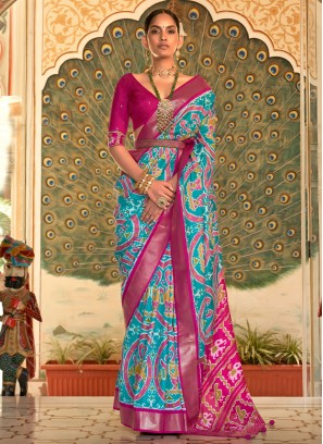 Aqua Blue and Deep Pink Designer Patola Silk Saree