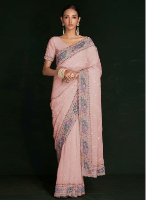 Peach Lucknowi Work Georgette Designer Saree