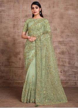 Bedazzling Net Green Classic Designer Saree