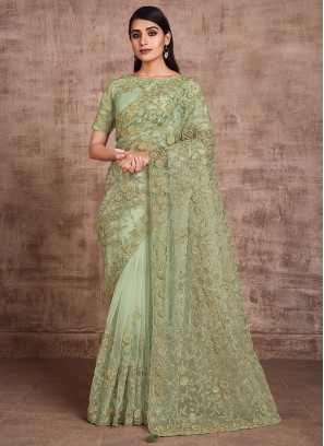 Bedazzling Net Green Classic Designer Saree