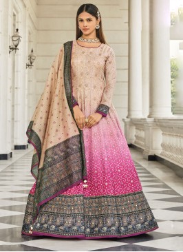 Beige & Pink Printed Anarkali Dress with Dupatta