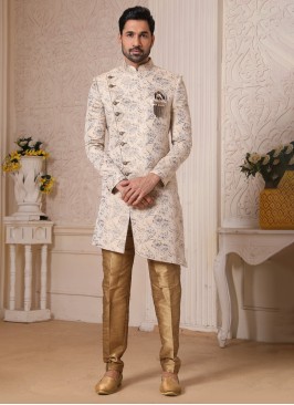 Beige And Golden Jacquard Silk Indowestern Set