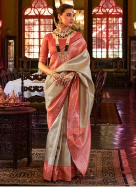 Beige & Red Elegant Kanjivaram Art Silk Saree