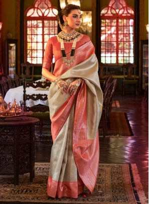 Beige & Red Elegant Kanjivaram Art Silk Saree