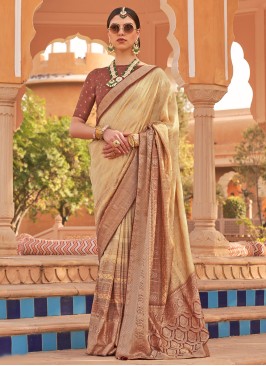 Shaded Brown Digital & Foil Printed Silk Saree