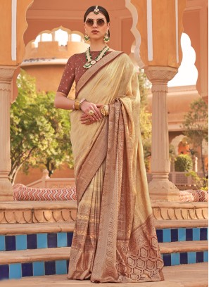 Shaded Brown Digital & Foil Printed Silk Saree