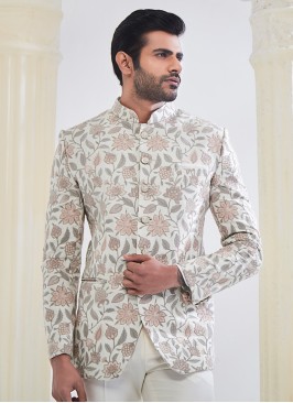 Beige Embroidered Jodhpuri Suit In Silk