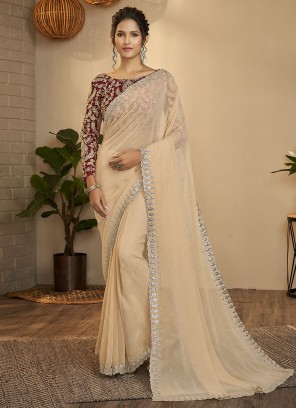 Beige Georgette Sequins Saree With Designer Blouse