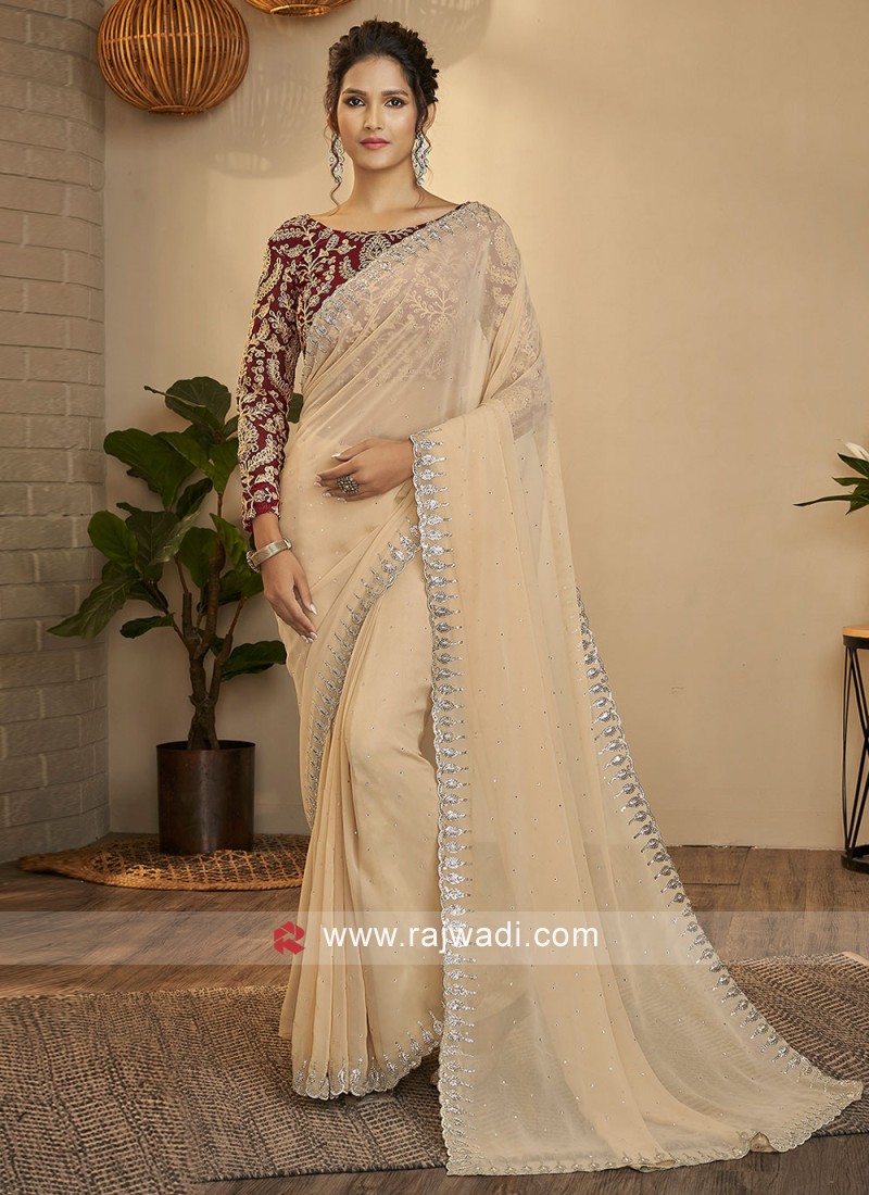 Fawn Color Georgette Sequins Embroidered Saree