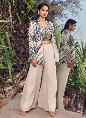 Beige Georgette Palazzo Set With Jacket