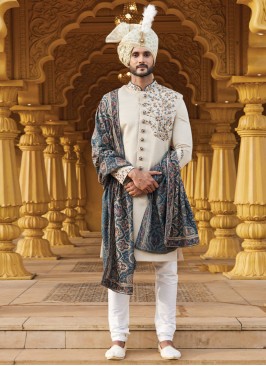 Beige Hand Embroidered Readymade Groom Sherwani