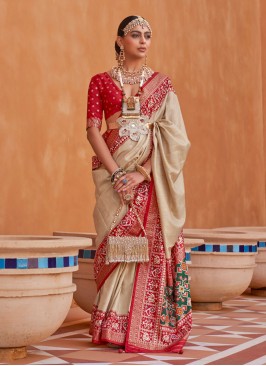 Beige & Red Patola Printed Silk Saree