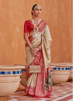 Beige & Red Patola Printed Silk Saree