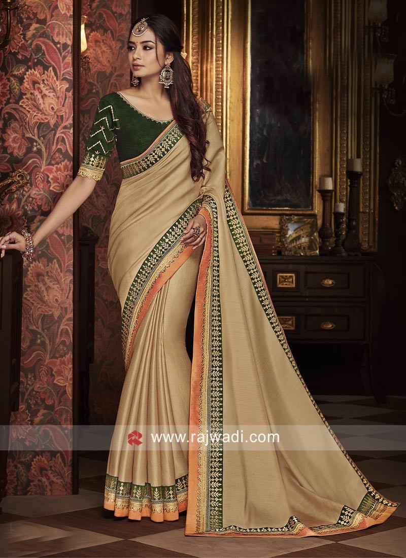 Beige Saree with Bottle Green Blouse Fabric
