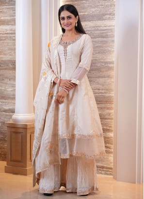 Beige Silk Palazzo Set With Dupatta