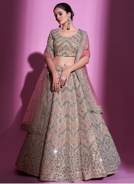 Beige Silk Designer Mirror Embellished Lehenga Choli