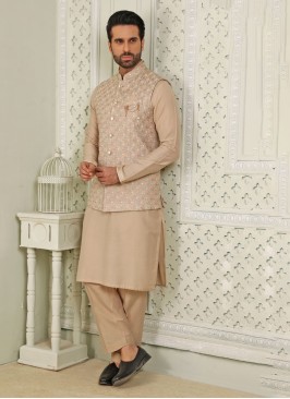 Beige Thread Embroidered Nehru Jacket Set