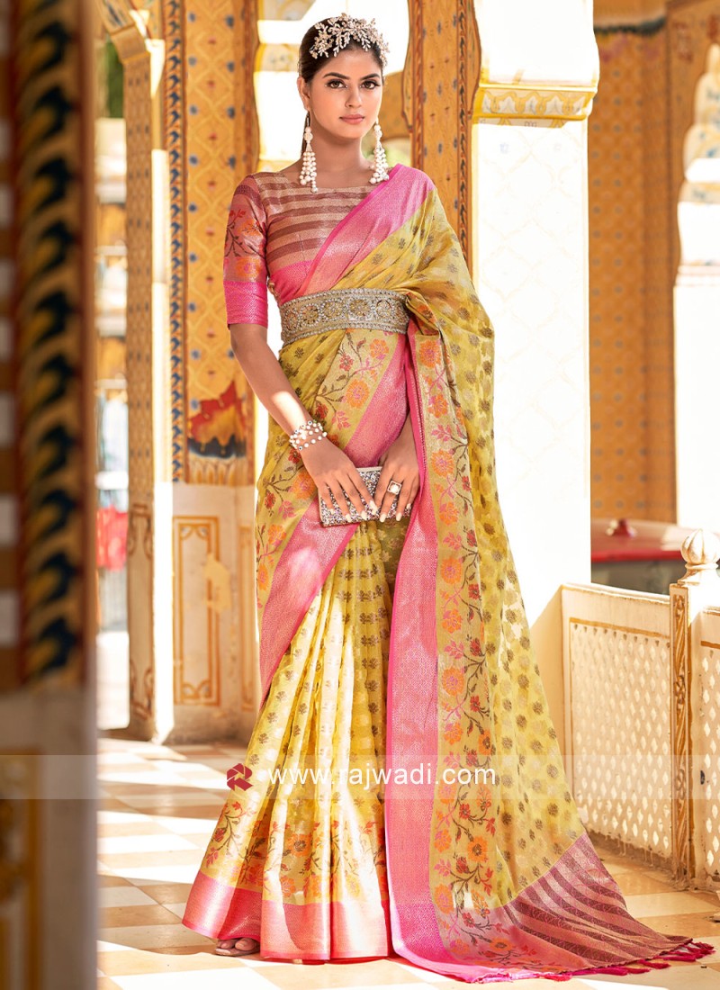 Yellow Striped Tissue Silk Saree with Unstitched Blouse Piece