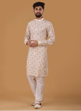 Biege Printed Art Silk Kurta