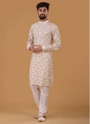 Biege Printed Art Silk Kurta