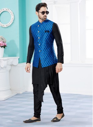 Black And Blue Weaving Embroidered Nehru Jacket Set