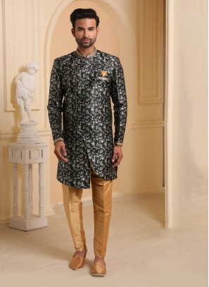 Black And Golden Jacquard Silk Indowestern Set