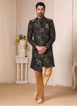 Black And Golden Jacquard Silk Indowestern Set