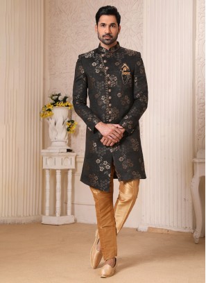 Black And Golden Jacquard Silk Indowestern Set