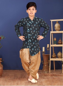 Black And Golden Jacquard Silk Indowestern Set