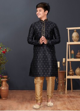 Black And Golden Malbari Silk Kurta Pajama