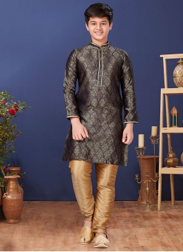 Black And Golden Weaving Kurta Pajama For Boy