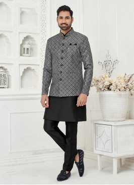 Black And Grey Nehru Jacket Set For Men