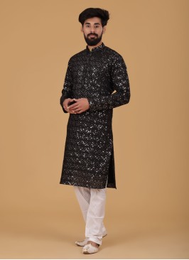 Black And Off White Sequins Embroidered Kurta Pajama