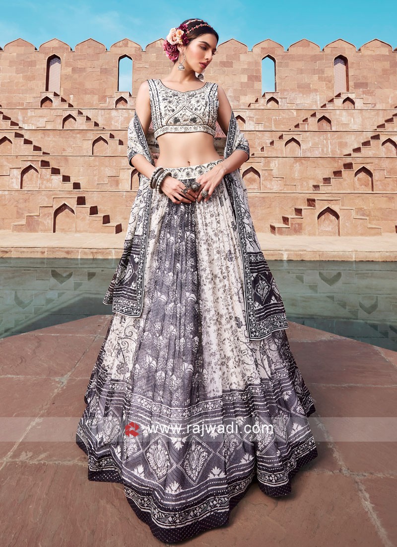 Buy White & Black Floral Embroidered Lehenga Set Online In USA – Pure  Elegance