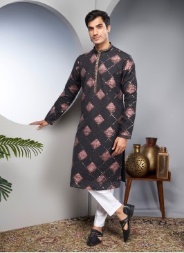 Black And White Cotton Silk Kurta Pajama