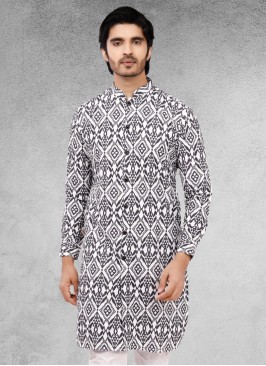 Black And White Mens Printed Kurta