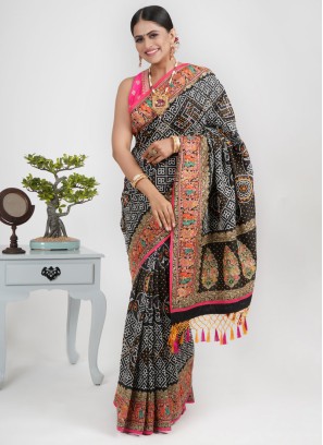 Black Bandhani Printed Silk Saree with Colorful Embroidered Border