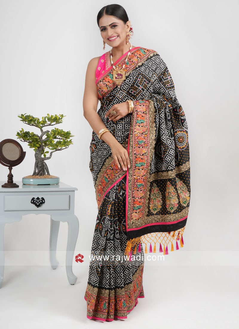 Black Bandhani Printed Silk Saree with Colorful Embroidered Border