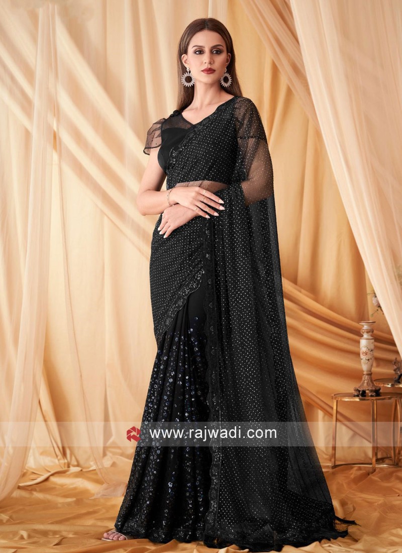 Chiffon Satin Black Designer Saree -