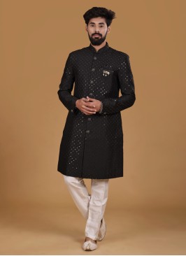 Black Color Embroidered Indowestern Set For Men