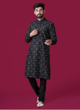 Black Color Pure Silk Thread Wok Kurta Pajama