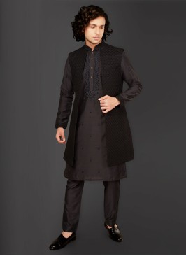 Black Color Thread Work Nehru Jacket Suit