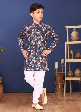 Black Cotton Floral Printed Kurta Pajama