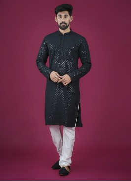 Black Cotton Lucknowi Mens Kurta Pajama