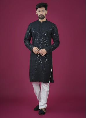 Black Cotton Lucknowi Mens Kurta Pajama