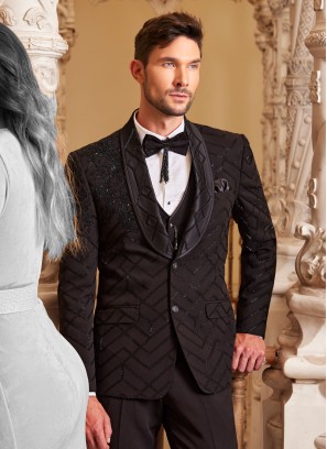 Black Cutdana Embroidered Designer Suit For Men